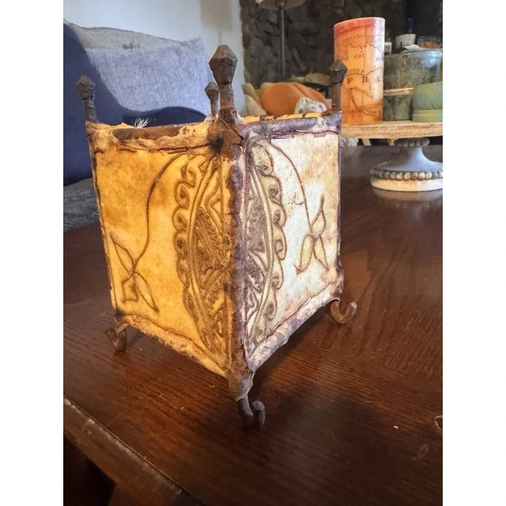Vintage Moroccan Hand-Stretched Leather Tealight Lantern Light Candle Holder
